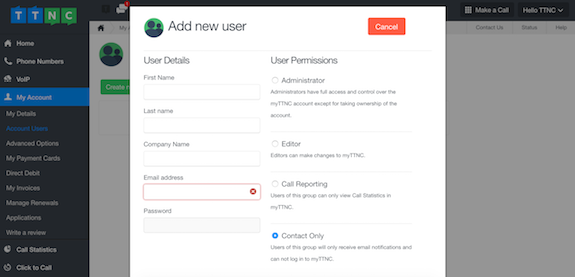 Enter the user's information