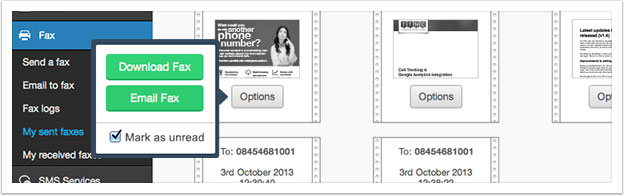 Click the 'Options' button to download or email the fax