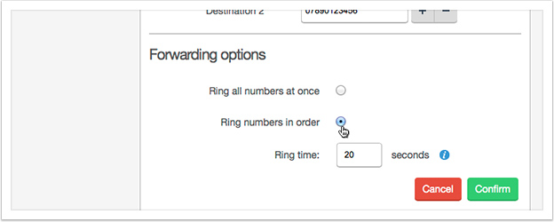 Enter the destination numbers in the order you want them to ring. Make sure 'Ring numbers in order' is selected if available