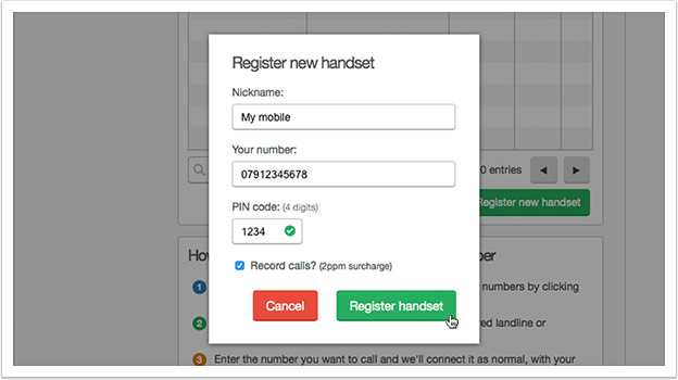 Enter the details of the number and then click 'Register handset'