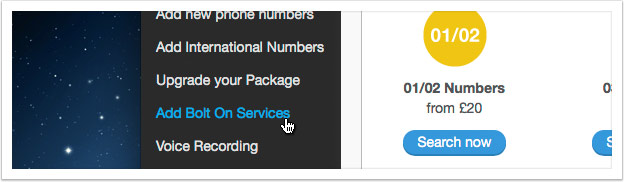 Select 'Add Bolt On Services' from the left hand menu