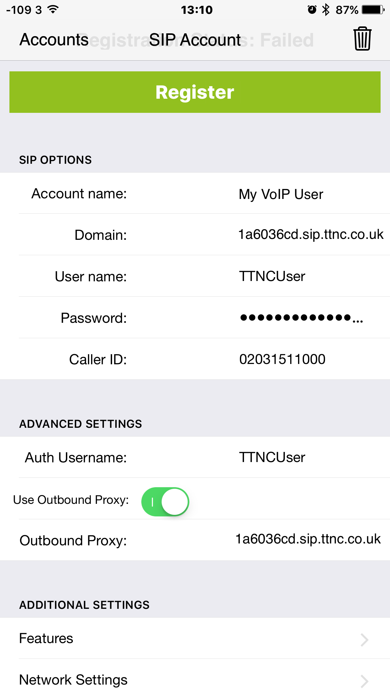 Click register to save the configuration